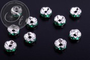 10 Stk. silberfarbene Spacer Perlen mit dunkelgrünen Strasssteinen 6mm-20