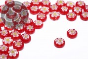 5 Stk. rote flach-runde Millefiori Glas Perlen ~10mm-20