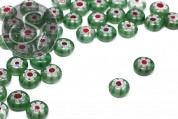 5 Stk. grüne flach-runde Millefiori Glas Perlen ~10mm-20